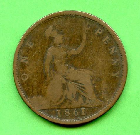 UK  1861 Queen Victoria One Penny Coin