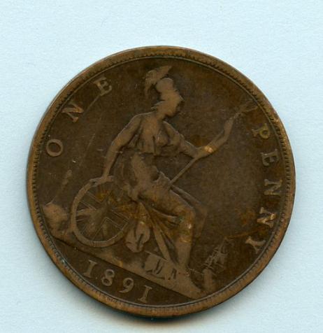UK  1891 Queen Victoria One Penny Coin