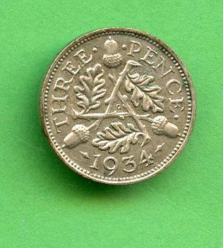 UK  George V Threepence Coin  Dated 1934