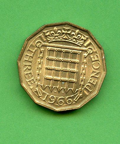 UK Elizabeth II  Brass Three Pence Coin Dated 1966