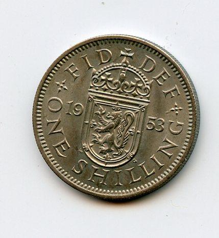 UK 1953 Elizabeth II  Shilling Coin Scottish Obverse