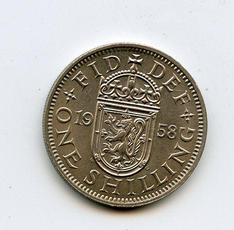 UK 1958 Elizabeth II  Shilling Coin Scottish Obverse