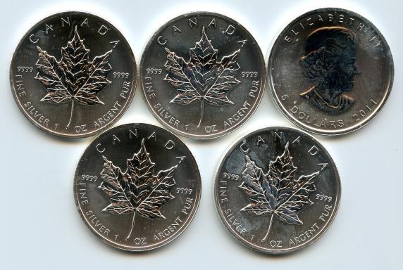 5 x Canadian 2011  Silver One Ounce  Maple Leaf Coins