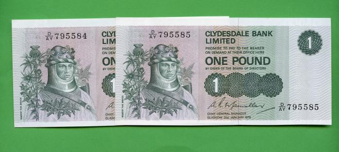 Pair of Clydesdale Bank  £1 One  Pound Notes Dated 31st January 1979
