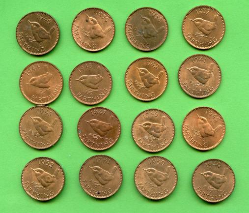 Complete Date Set UK George VI Farthing Coins 1937-52