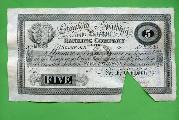 Stamford Spalding & Boston  Five pound Banknote 1905