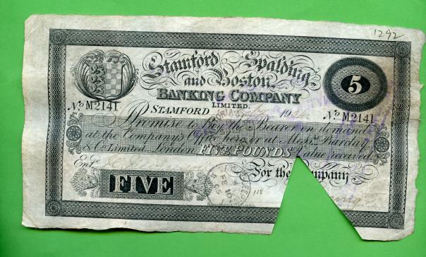 Stamford Spalding & Boston  Five pound Banknote 1905