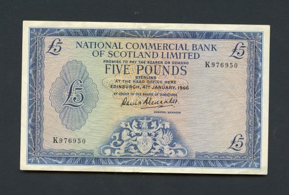 National Commercial Bank of Scotland £5 Banknote Dated 4th January 1966