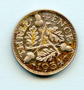 UK  George V Threepence Coin  Dated 1934