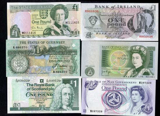 Set of 6 UK Islands Uncirculated £1 Notes