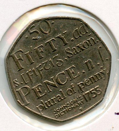 UK  Samuel Johnson Dictionary Decimal 50 Pence Coin  Dated 2005