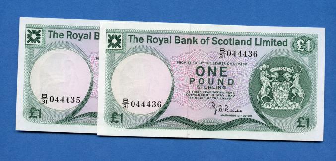 Pair of Royal Bank of Scotland £1 One Pound Notes Dated 3rd May 1977