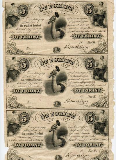 Hungary, Finance Ministry, 5 forint sheet of 3 uncut notes, (1852)