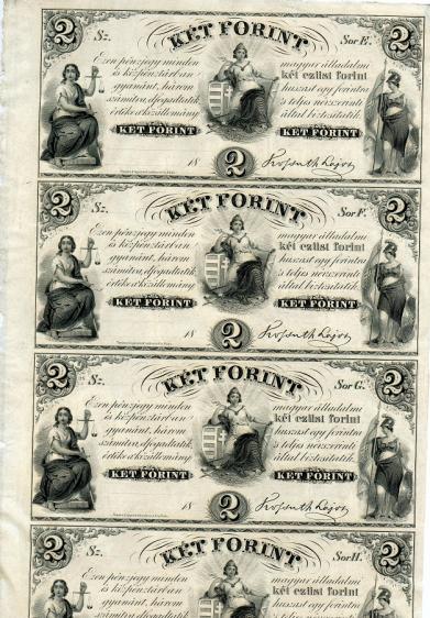 Hungary, Finance Ministry, 2 forint sheet of 4 uncut   notes, (1852)