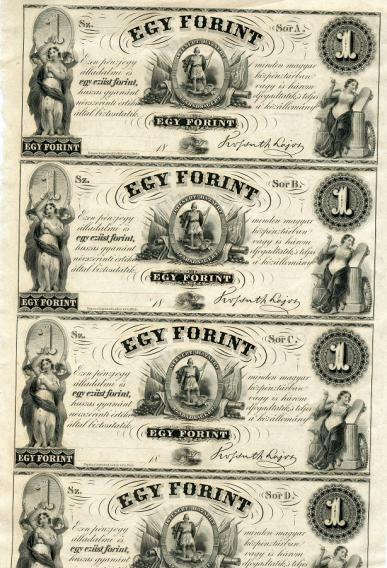 Hungary, Finance Ministry, 1 forint sheet of 4 uncut  notes, uncut (1852)