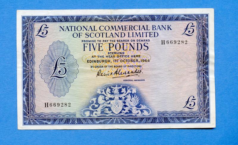 National Commercial Bank of Scotland £5 Banknote Dated 1st October 1964