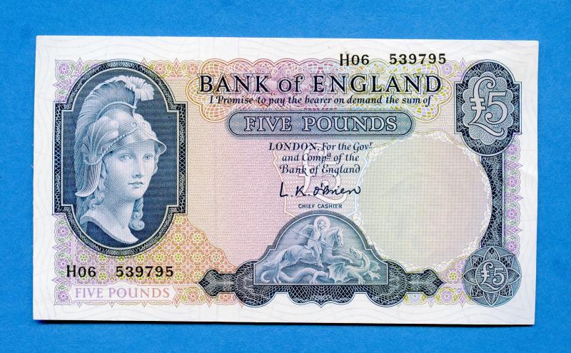 Bank of England £5 Five Pound Note Date July 1961