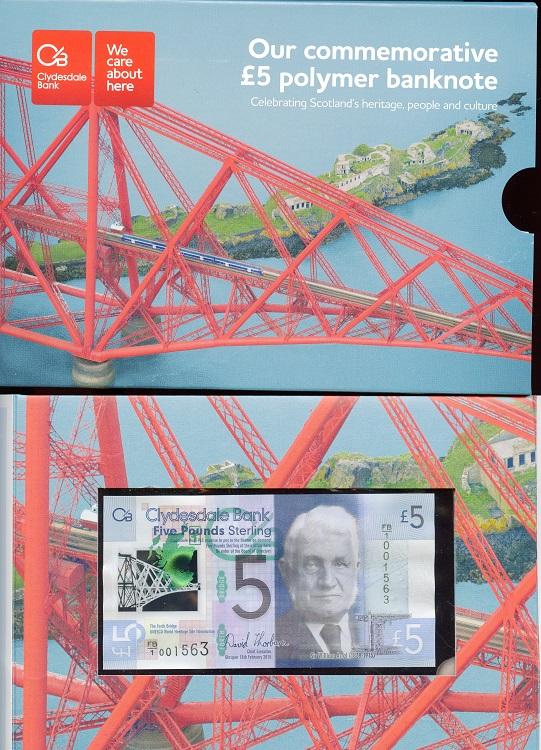 Clydesdale Bank New Commemorative £5 Polymer Forth Rail Bridge Banknote in Collectors Folder