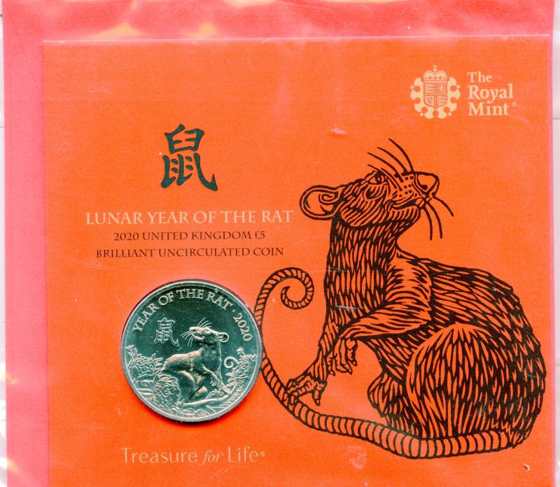 UK Royal Mint 2020  Lunar Year of the Rat Brilliant Uncirculated £5 Coin