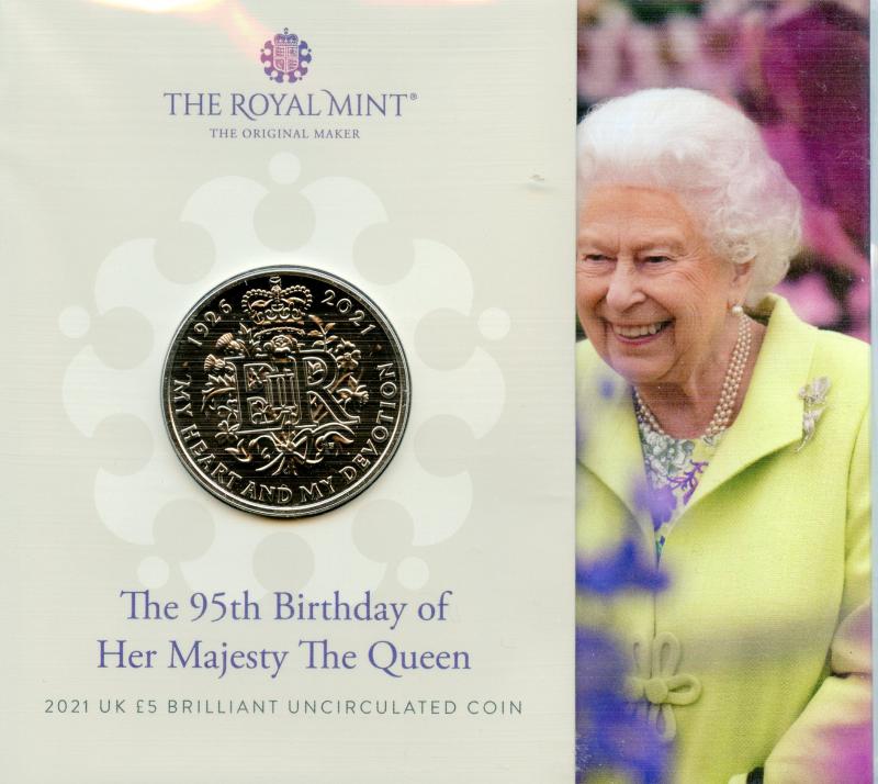 UK Royal Mint 2021 95th Birthday of Her Majesty the Queen Brilliant Uncirculated £5 Coin