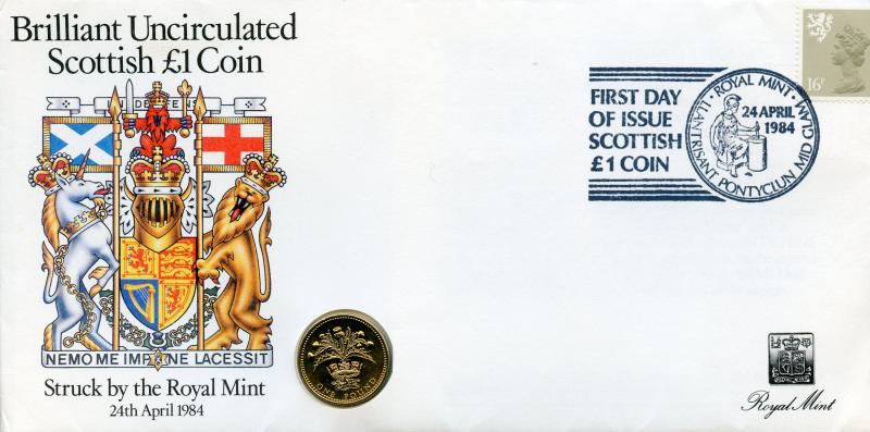 UK 1984 Uncirculated £1 Scottish Obverse Coin With First Day Stamp Cover