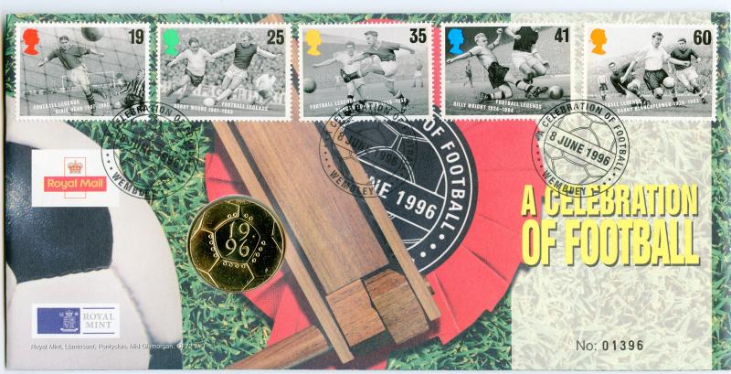 UK 1996 Brilliant  Uncirculated  Football  £2  Coin  With  Royal Mint First Day Stamp Cover