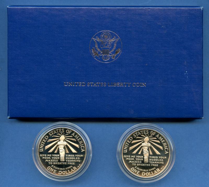 U.S.A. 1986 Eliis Island Liberty Silver Proof Dollar 2 Coin Set