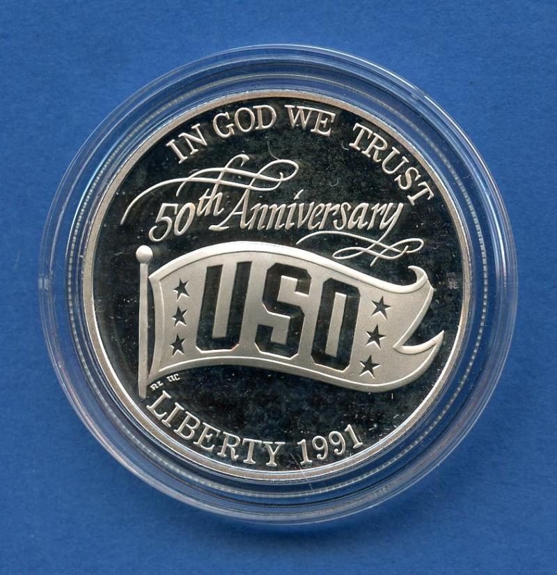 USA 1991 U.S.O. Commemorative  Silver Proof Dollar Coin