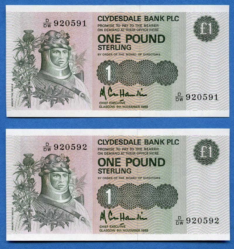 Pair Clydesdale Bank £1 One Pound Notes Dated 9th November 1988