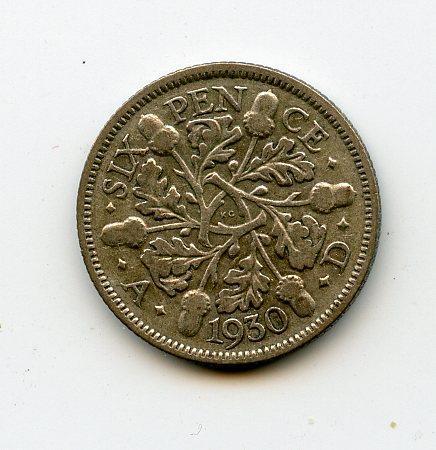 U.K. George V   Sixpence Coin Dated 1930