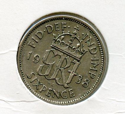 U.K. George VI   Sixpence Coin Dated 1938