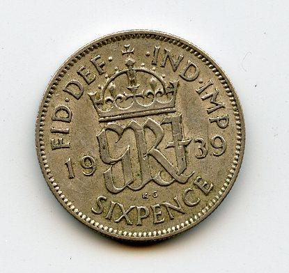 U.K. George VI   Sixpence Coin Dated 1939
