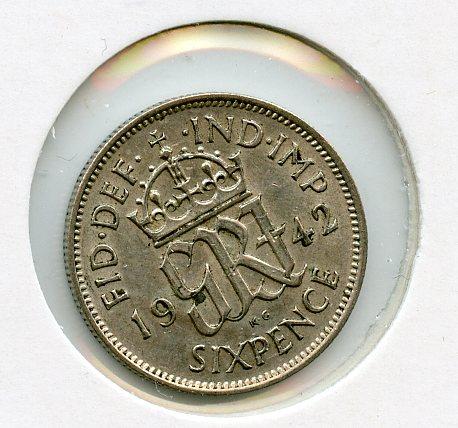 U.K. George VI  Sixpence Coin Dated 1942