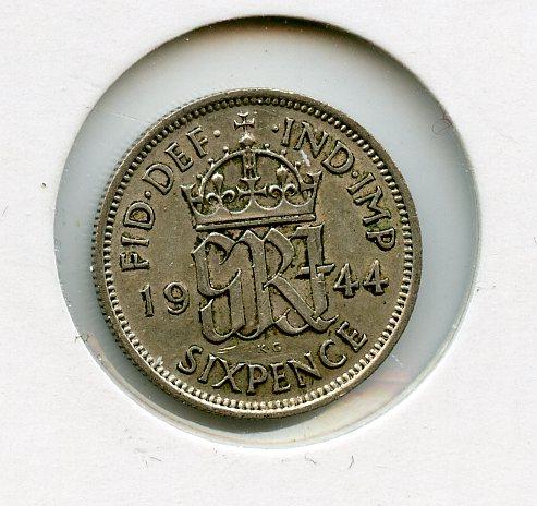 U.K. George VI   Sixpence Coin Dated 1944