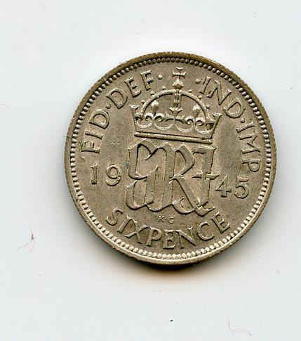 U.K. George VI   Sixpence Coin Dated 1945
