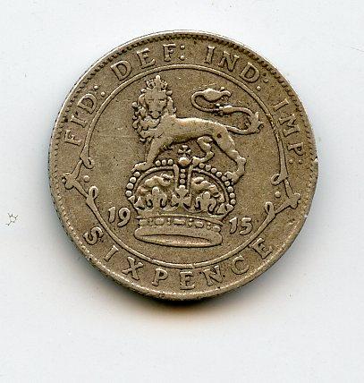 U.K. George V   Sixpence Coin Dated 1915