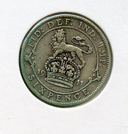 U.K. George V   Sixpence Coin Dated 1911