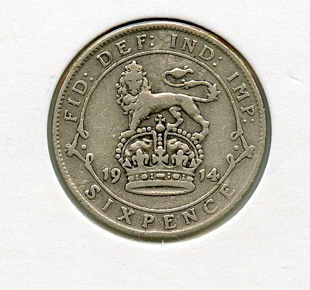 U.K. George V  Sixpence Coin Dated 1914