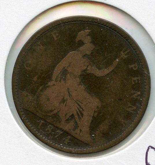UK  Queen Victoria Penny Coin Dated 1874 H