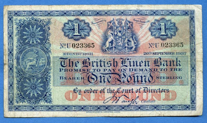British Linen Bank £1 One Pound Banknote Dated 20th September 1937