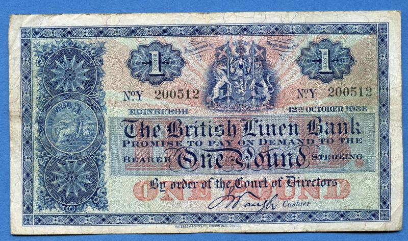 British Linen Bank £1 One Pound Banknote Dated 12th of October 1938