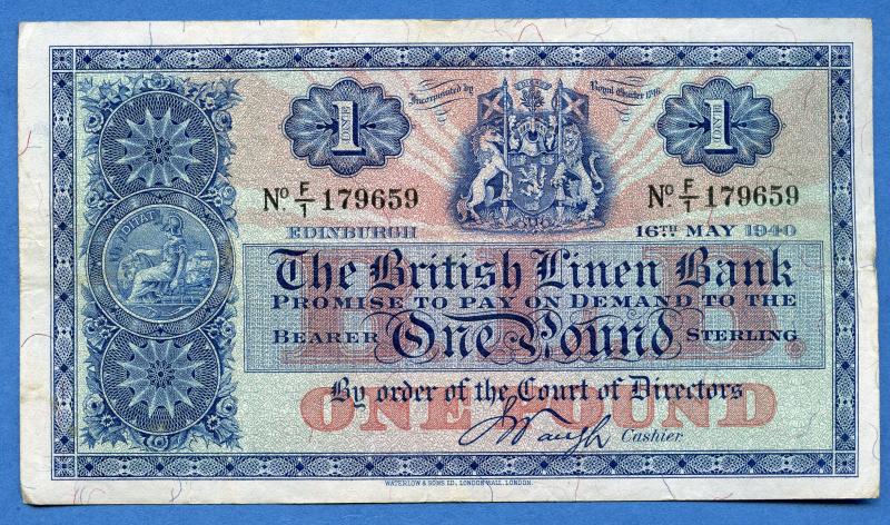 British Linen Bank £1 One Pound Banknote Dated 16th of May 1940
