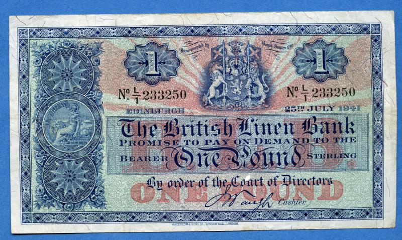 British Linen Bank £1 One Pound Banknote Dated 16th of May 1941