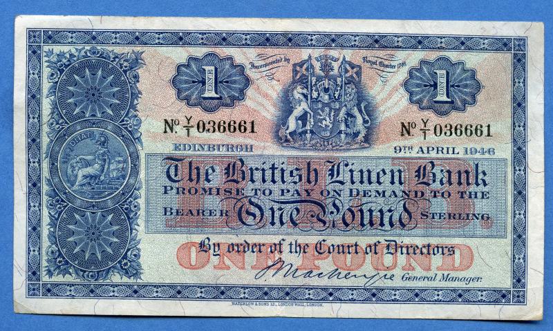 British Linen Bank £1 One Pound Banknote Dated 9th April 1946