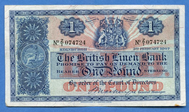 British Linen Bank £1 One Pound Banknote Dated 3rd February 1947