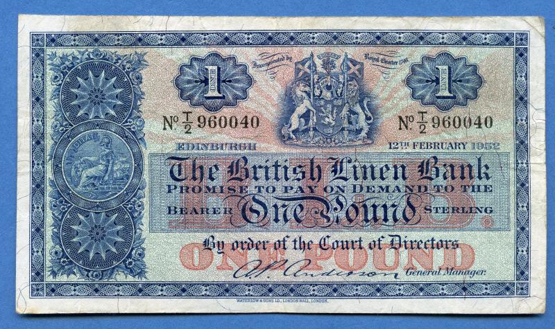 British Linen Bank £1 One Pound Banknote Dated 12th February 1952