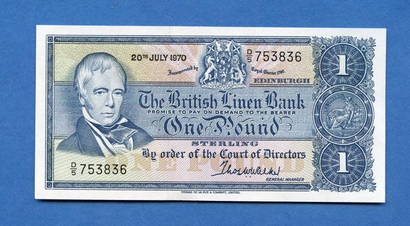 British Linen Bank £1 One Pound Banknote Dated 20th July 1970. (Last British Linen Bank Note Issued Last Serial Prefix D5)