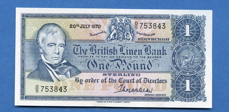 British Linen Bank £1 One Pound Banknote Dated 20th July 1970. (Last British Linen Bank Note Issued Last Serial Prefix D5)