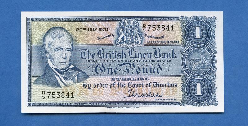 British Linen Bank £1 One Pound Banknote Dated 20th July 1970. (Last British Linen Bank Note Issued Last Serial Prefix D5)