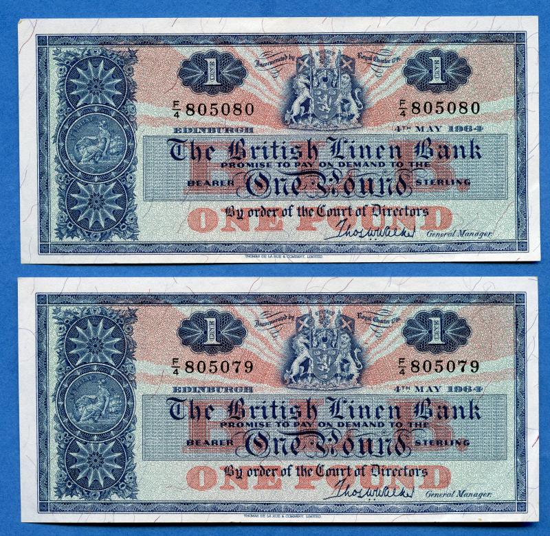 Pair of British Linen Bank Uncirculated £1 One Pound Banknotes In numerical Order Dated 4th May 1964